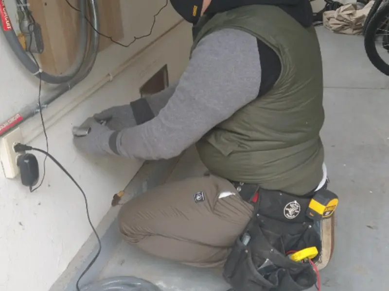 Electrician performing outlet wiring in a Millstadt garage